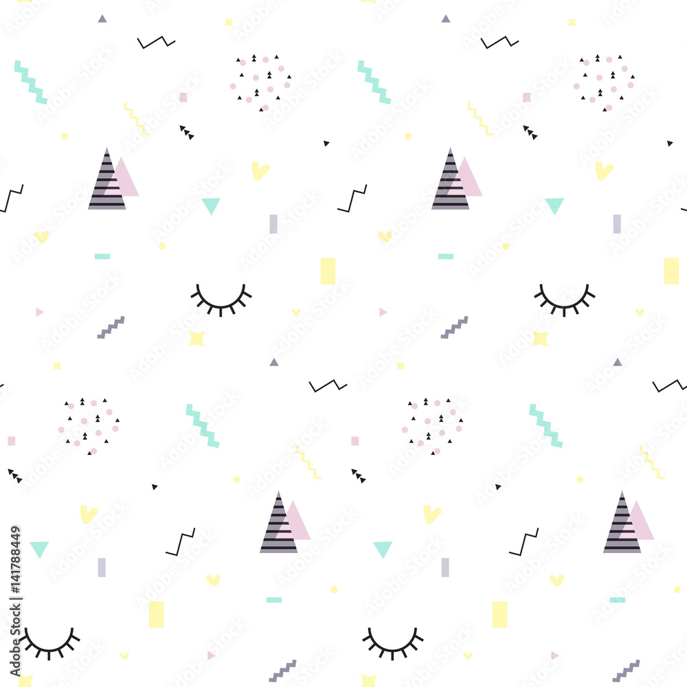 Memphis seamless pattern 80's-90's styles. Trendy . Colorful geometric background, different shapes. Vector Illustration Memphis seamless pattern 80's-90's styles. Trendy . Colorful geometric background, different shapes. Vector Illustration