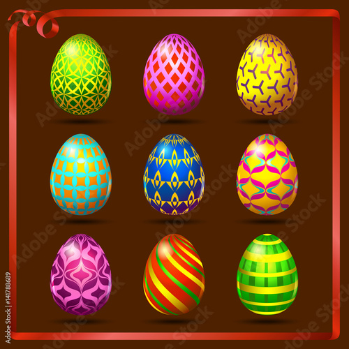 Multi colored easter eggs on a brown background with a red ribbon_2