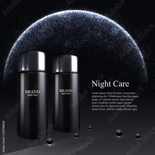 Skin toner bottles isolated on the black background with pearls. 3D Realistic vector illustration
