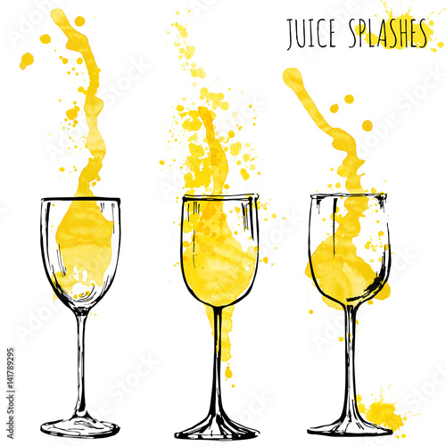 Juice orange and apple splashes in wine glasses, watercolor, sketch vector illustration