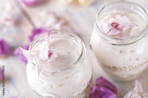 Home-made yogurt close-up with flowers