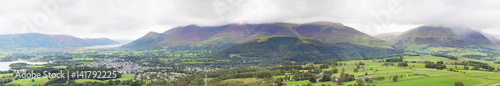 Panoramic view from hill top to town Keswick with Skiddaw mountain in the background, England, UK