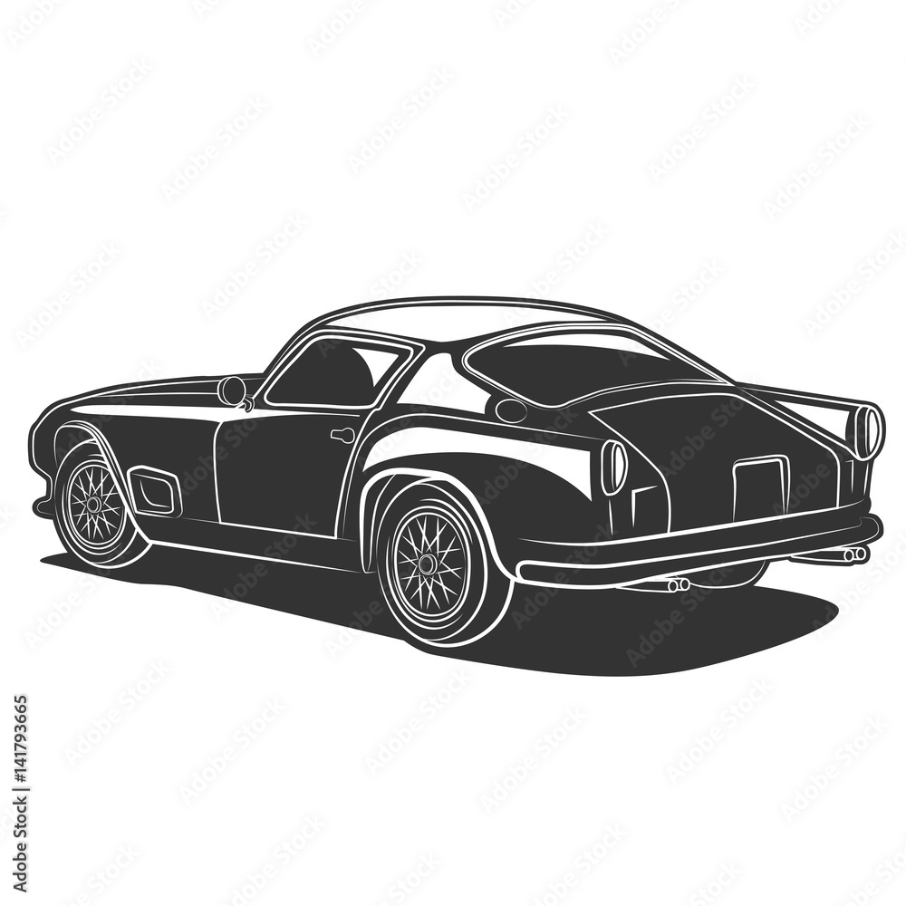 Vector illustration of classic Italian super car in black and white on a white background for logos, badges, design, print and the web