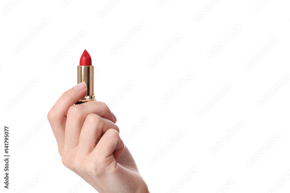 Woman holding red lipstick in her hand. Beauty and fashion concept Stock  Photo | Adobe Stock