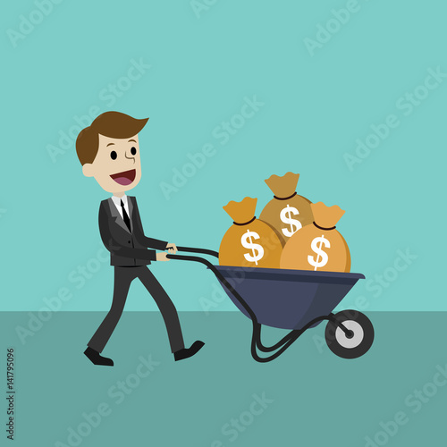 Happy businessman or manager goes with a wheelbarrow full of cash