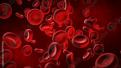 Картината върху платно View under a microscope, blood-red blood cells in a living body, 3d illustration