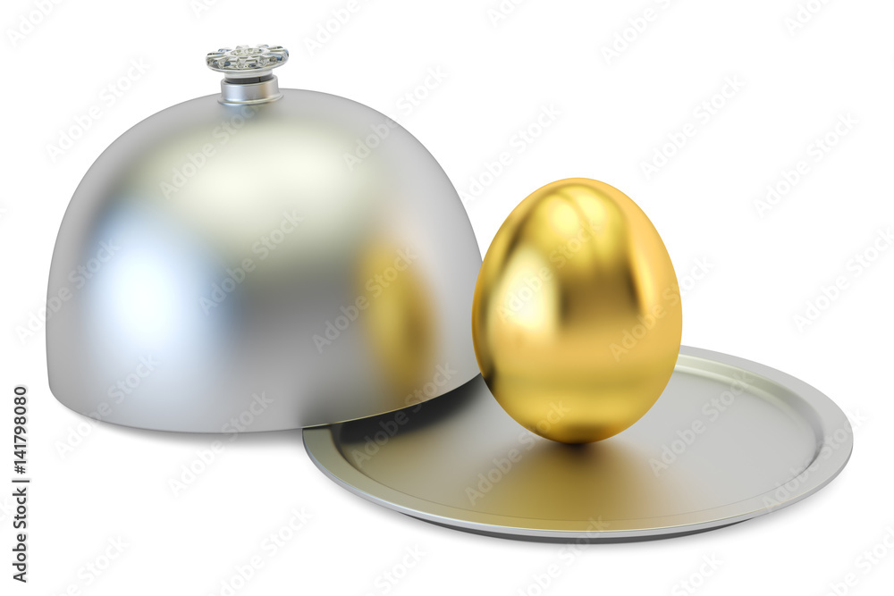 Restaurant cloche with golden egg, 3D rendering