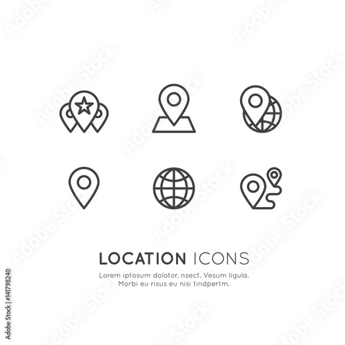 Vector Icon Style Illustration Logo Set of Geo Location Tag, Proximity Marketing, Global Network Connection, Location Identification, Isolated Minimalistic Object