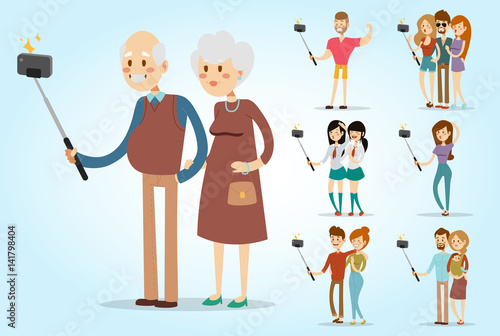 Selfie people isolated vector illustration character photo lifestyle set hipster smart flat camera smartphone person picture pensioners