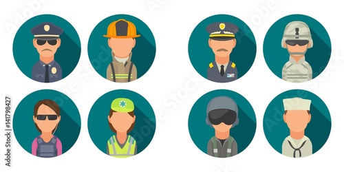 Icon people - soldier, officer, pilot, marine, sailor, police, bodyguard, fireman, paramedic.