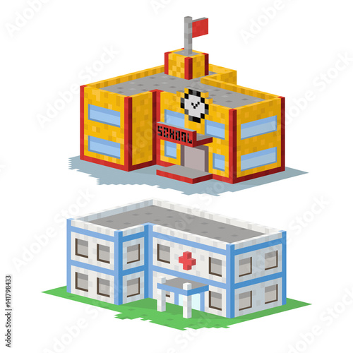 Cute colorful flat style house village pixel art real estate cottage and home design residential colorful building construction vector illustration.