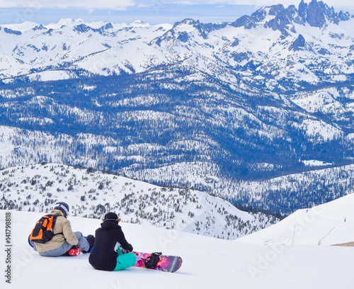 Snowboarders Take in the View at the Summit of Mammoth Mountain Ski Area