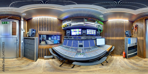 3d panorama inside huge broadcast obvan sound space of audio engineer pano 360 panorama of ob van in equirectangular spherical equidistant projection sound director control module photo