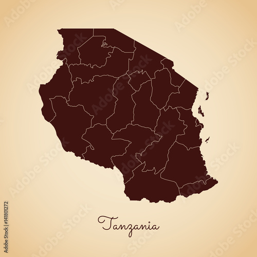 Tanzania region map: retro style brown outline on old paper background. Detailed map of Tanzania regions. Vector illustration.