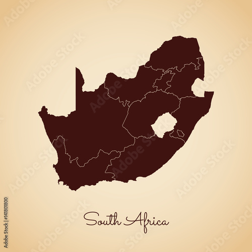 A detailed retro-style map of South Africa, featuring a brown outline on an old paper background, showcasing the regions of the country.