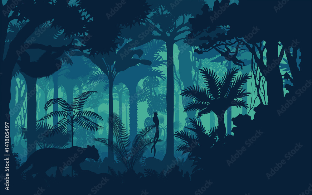 Vector evening tropical rainforest Jungle background with jaguar, sloth,  monkey and qetzal Stock Vector | Adobe Stock