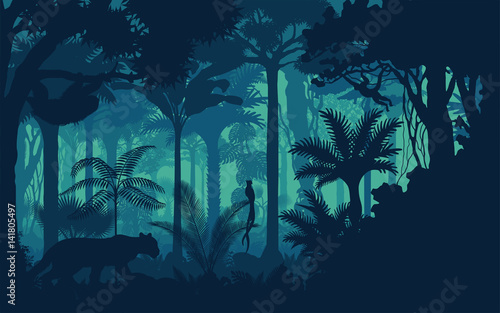 Vector evening tropical rainforest Jungle background with jaguar, sloth, monkey and qetzal