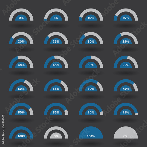 Business infographic icons elements template pie semicircle graph percentage blue chart with step of 5. 0 5 10 15 20 25 30 35 40 45 50 55 60 65 70 75 80 85 90 95 100 % set. Vector illustration.