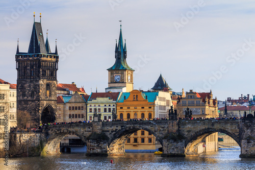 Fototapeta View of Charles Bridge (Karluv most) and Old Town Bridge Tower, Prague, Czechia