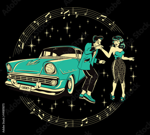 Teddyboy and a rockabilly pinup chick dancing in front of a hotrod against a starry black background photo