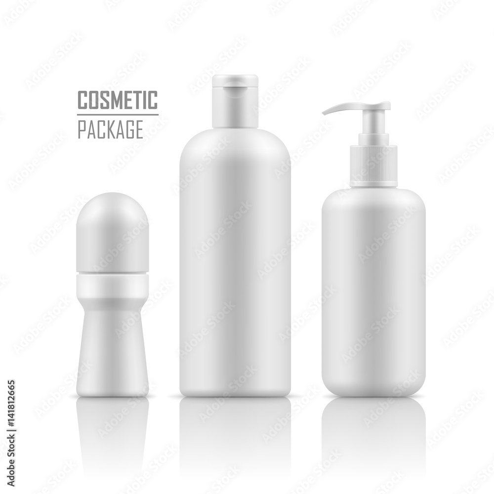 Set of empty realistic white package for cosmetic product. Collection of  blank template of plastic containers: deodorant, shampoo, body cream bottle  with pump. Vector mockup on white background. vector de Stock