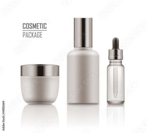Set of empty realistic package for cosmetic product. Collection of blank template of plastic container: jar of cream, serum or essence in vial with dropper. Vector mockup isolated on white background.