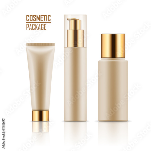 Blank template of white packages with gold caps: tube with hand cream, container for liquid lotion, bottle with dispenser pump. Vector collection of empty realistic mockup for cosmetic products.