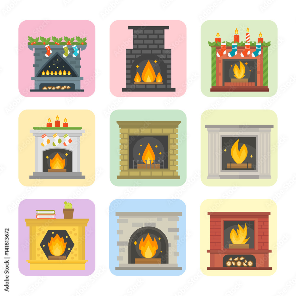 Flat style fireplace icon design house room warm christmas flame bright decoration coal furnace and comfortable warmth energy indoors vector illustration.