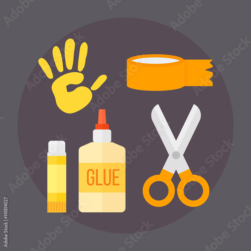 Themed kids creativity creation scissors symbols poster in flat style with artistic objects for children art school fest unusual toys glue vector illustration.