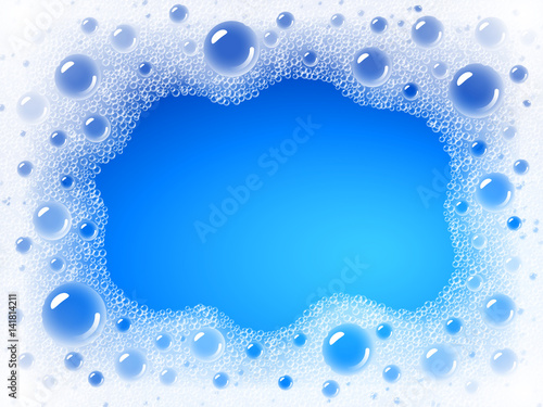 Fototapeta Naklejka Na Ścianę i Meble -  Soap foam overlying on the background of a blue water color. Transparent vector frame