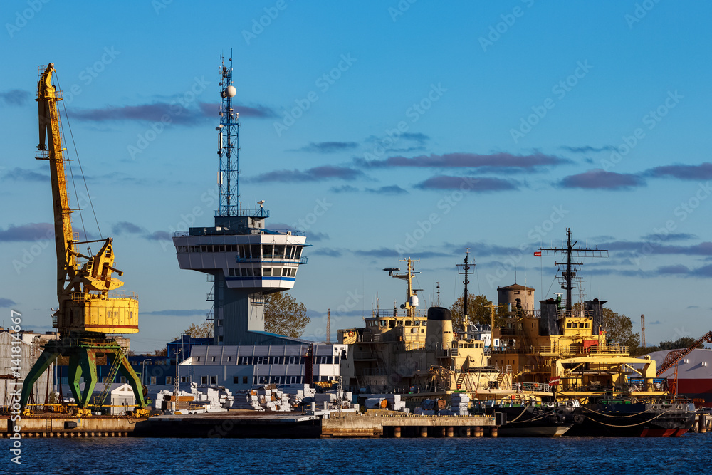 Yellow icebreakers moored at the port of Riga, Europe