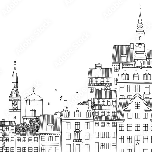 Hand drawn black and white illustration of Copenhagen, Denmark with empty space for text