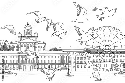 Birds over Helsinki - hand drawn black and white illustration of the city with a flock of seagulls
