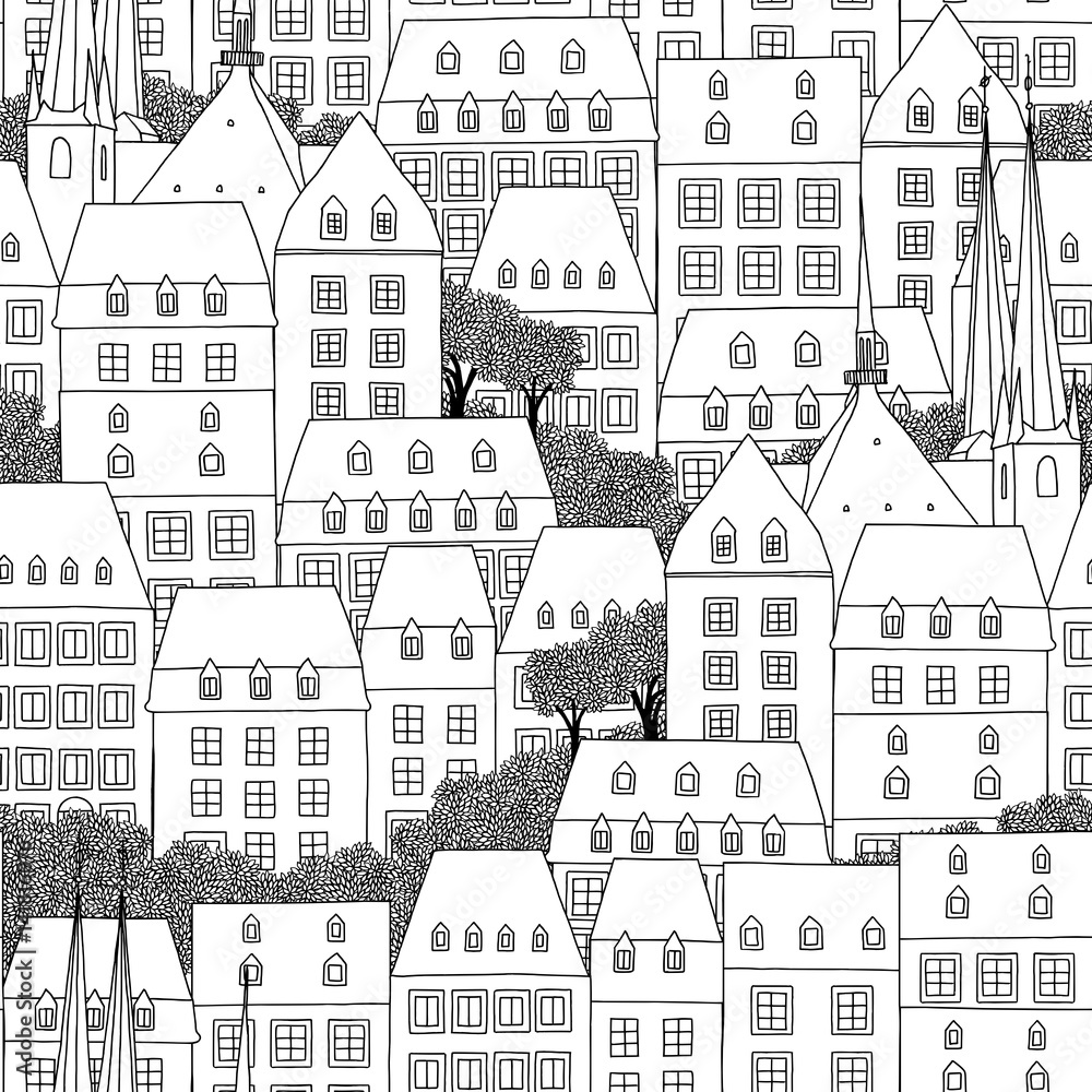 Hand drawn seamless pattern of Luxembourg style houses 
