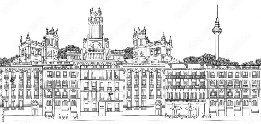 Fototapeta premium Madryt, Hiszpania - bez szwu baner na panoramę miasta, ręcznie rysowane czarno-białych ilustracji
