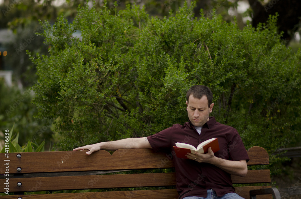 Man relaxing on a bench reading a book. Man relaxing on a bench reading a book.