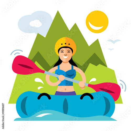 Vector Rafting Girl. Flat style colorful Cartoon illustration.