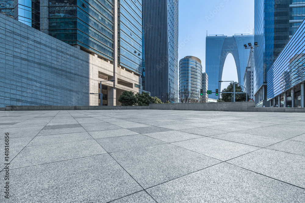 empty brick floor with cityscape and skyline