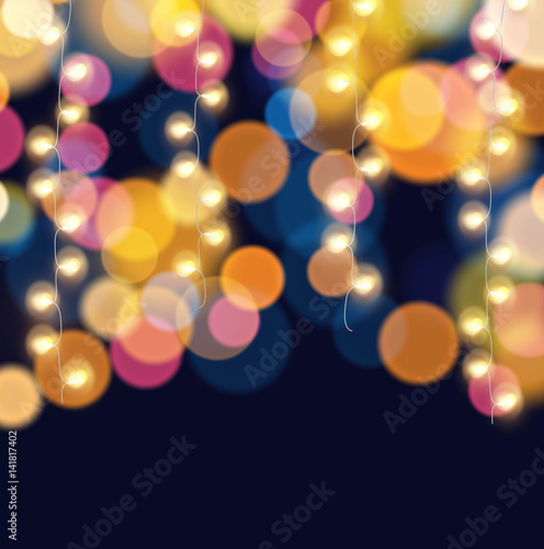 Hanging fairy lights on colorful light bokeh background Vector