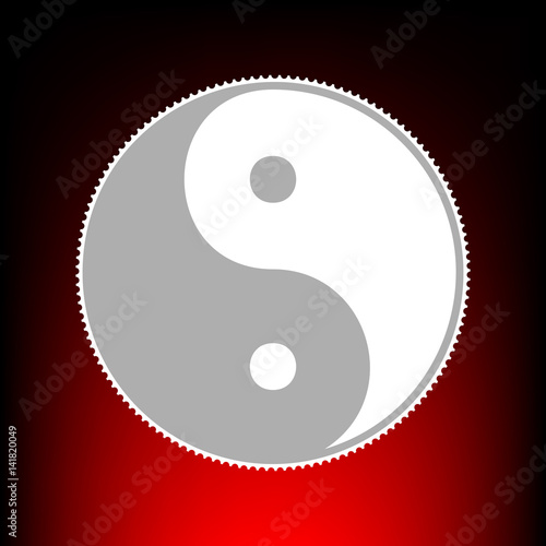 Ying yang symbol of harmony and balance. Postage stamp or old photo style on red-black gradient background.