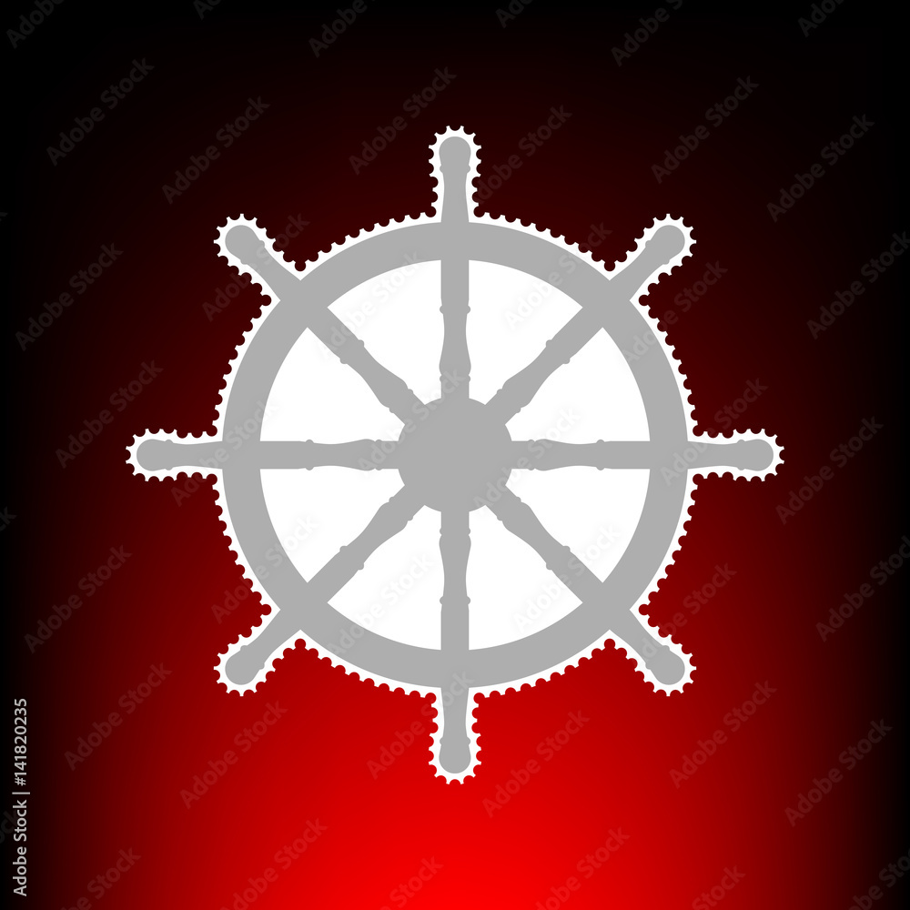Obraz premium Ship wheel sign. Postage stamp or old photo style on red-black gradient background.