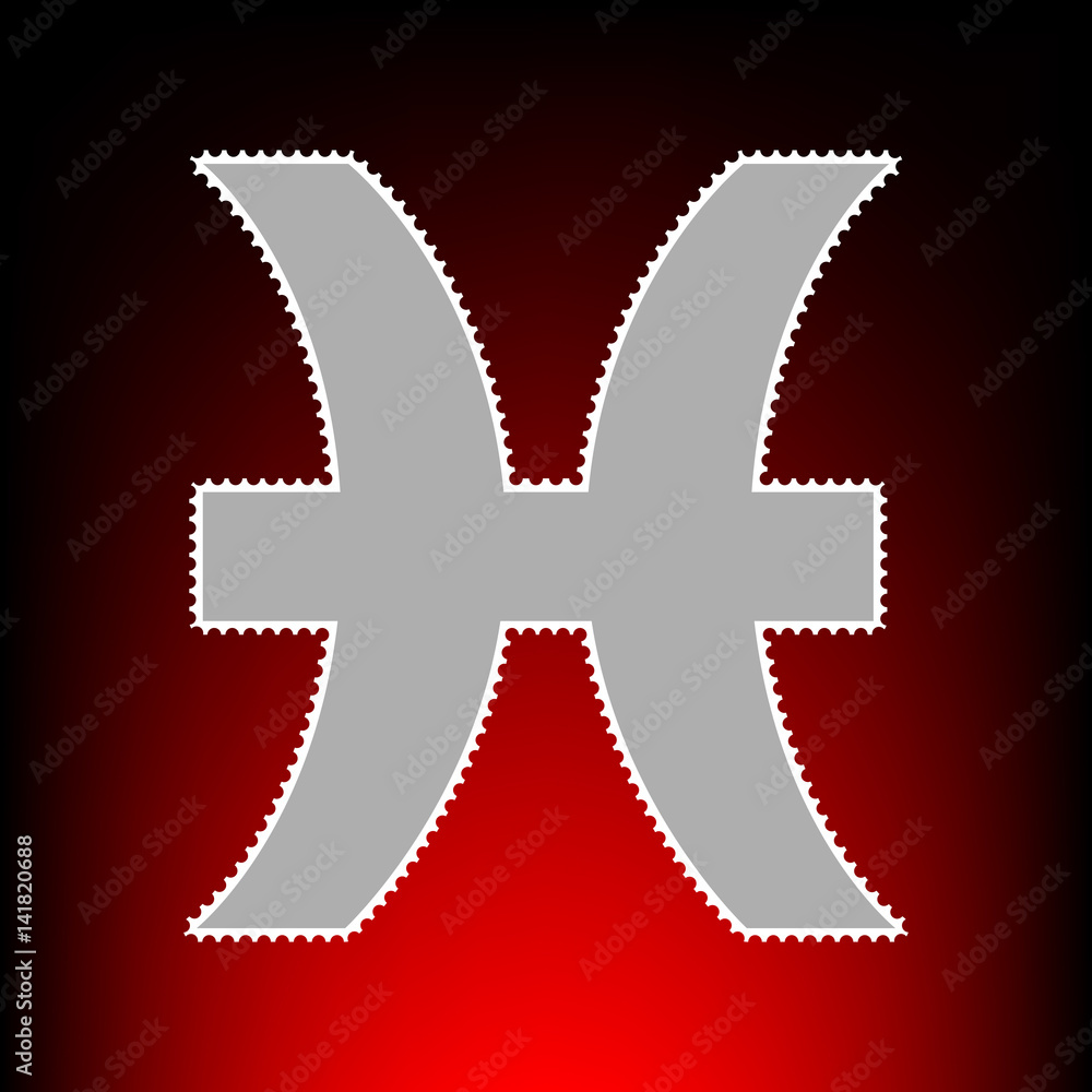 Obraz premium Pisces sign illustration. Postage stamp or old photo style on red-black gradient background.