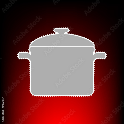 Cooking pan sign. Postage stamp or old photo style on red-black gradient background.