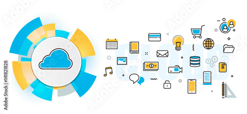 Flat line vector design concept of saving cloud service, backup, download, network server, digital information online, data storage banner for website header & landing page in circles digital element
