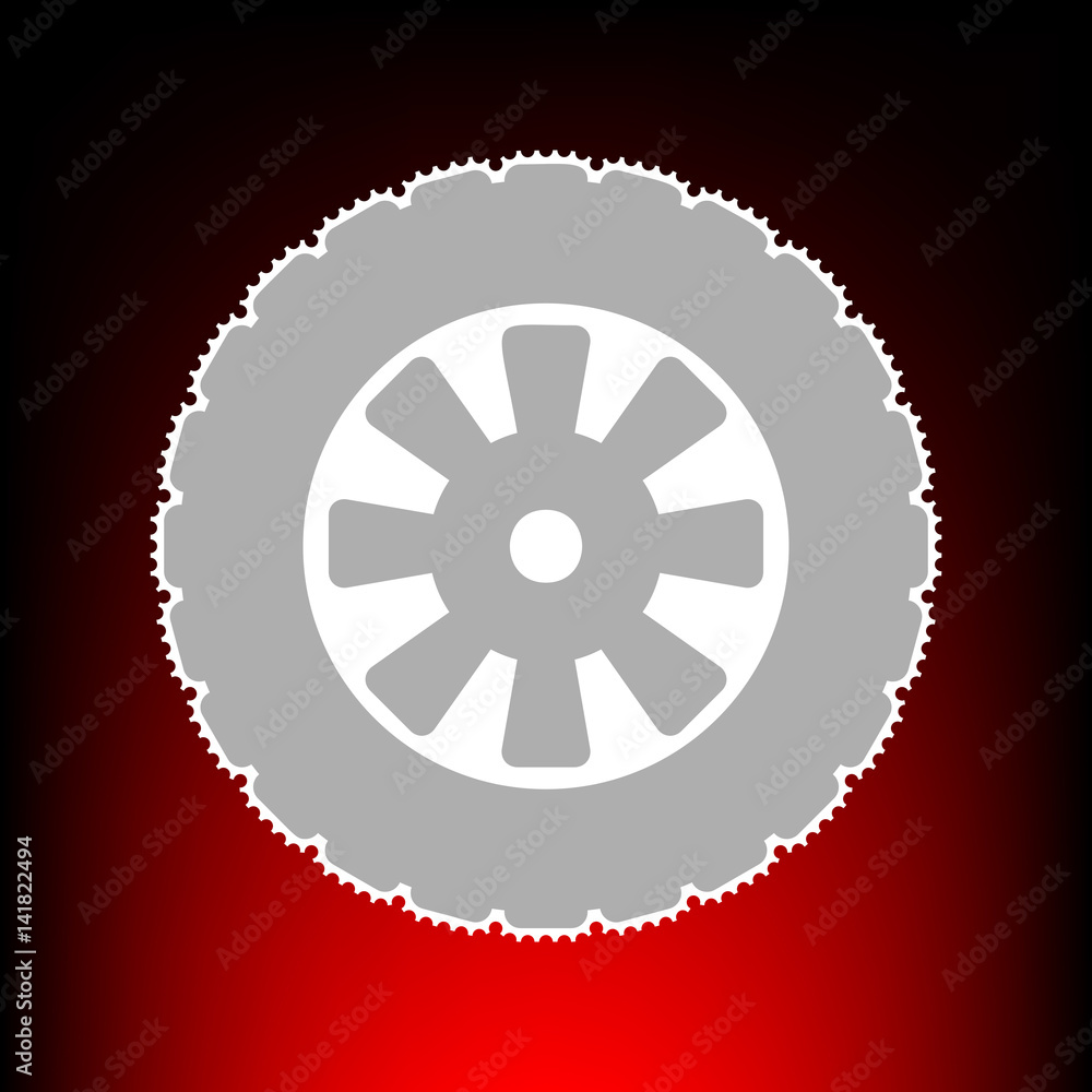 Road tire sign. Postage stamp or old photo style on red-black gradient background.
