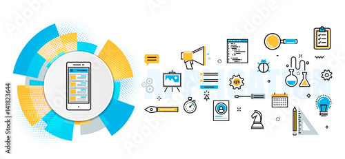 Flat line vector design concept of mobile application development process, app design, programming, coding, building, debugging banner for website header and landing page in circles digital element