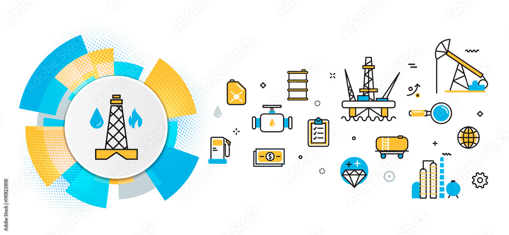 Flat line vector design concept of oil and gas production industry process, petroleum product, extraction, valving, well pump banner for website header and landing page in circles digital element