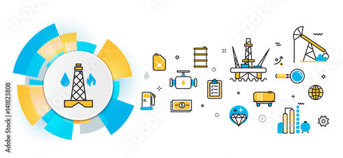 Flat line vector design concept of oil and gas production industry process, petroleum product, extraction, valving, well pump banner for website header and landing page in circles digital element