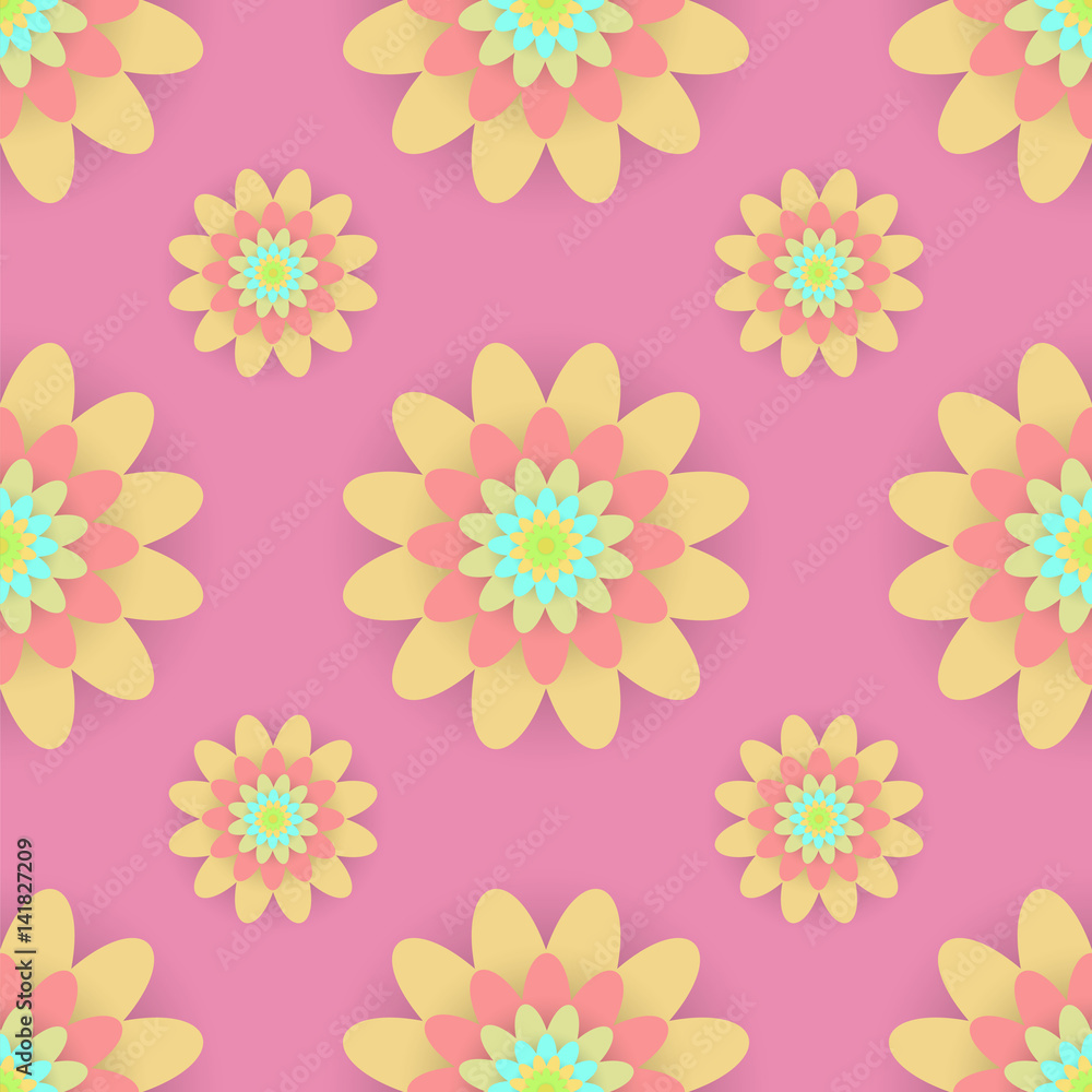 Abstract seamless pattern with colored flowers. Paper flowers background. Vector illustration. Abstract seamless pattern with colored flowers. Paper flowers background. Vector illustration.