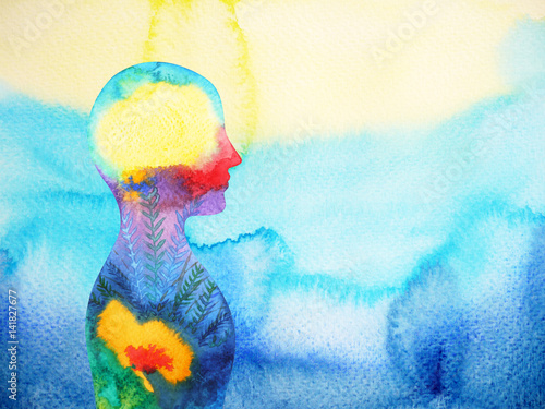 human head, chakra power, inspiration abstract thinking, world, universe inside your mind, watercolor painting photo